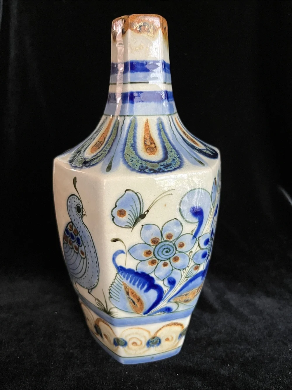 Ken Edwards El Palomar Tonala Mexico Pottery Bird Flower Tall VASE or Decanter